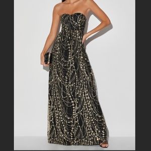 Black and Gold Glitter Sequin Strapless Maxi Dress